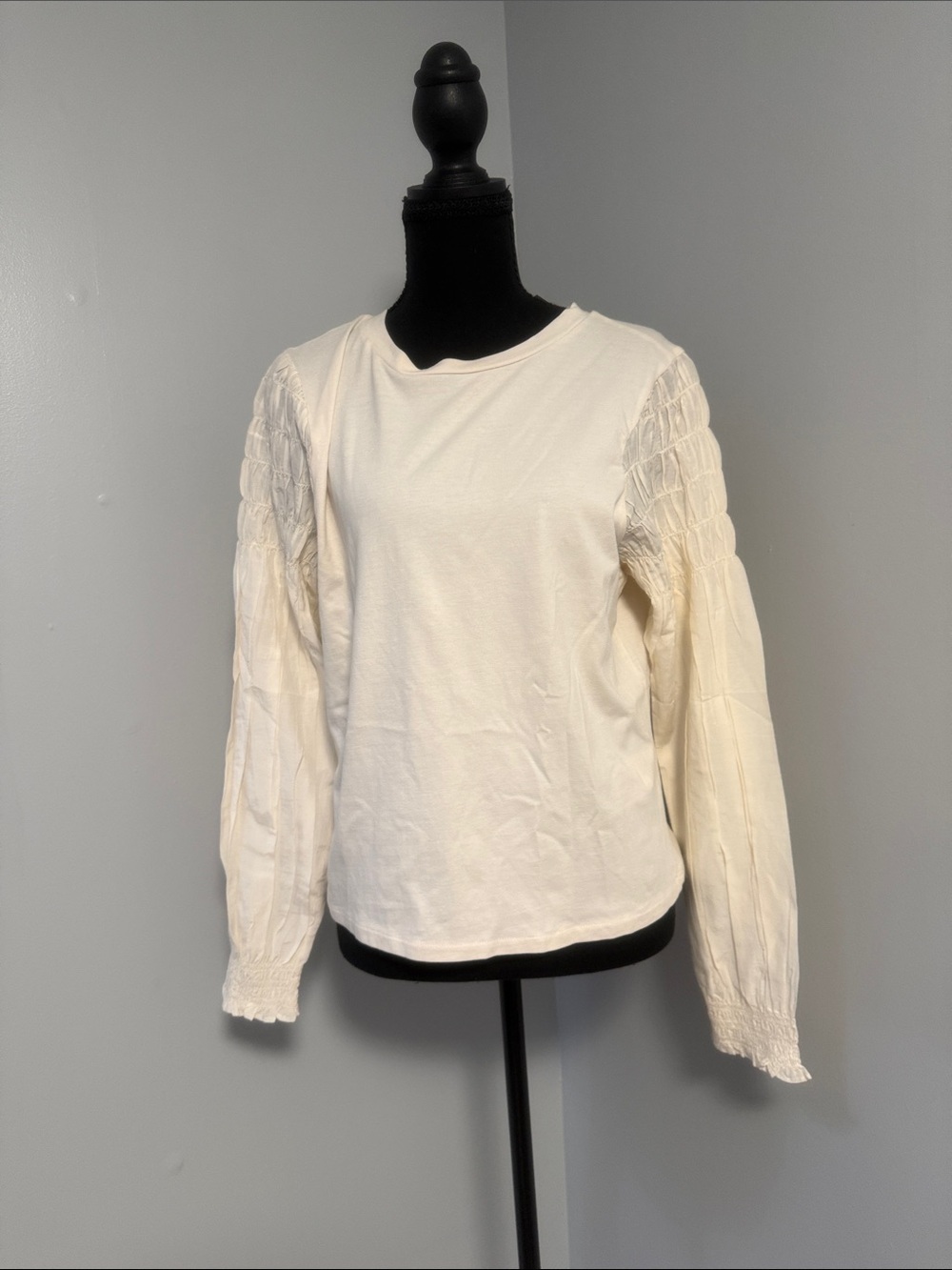 Madewell Cream Smocked Puff-Sleeve Long-Sleeve Top